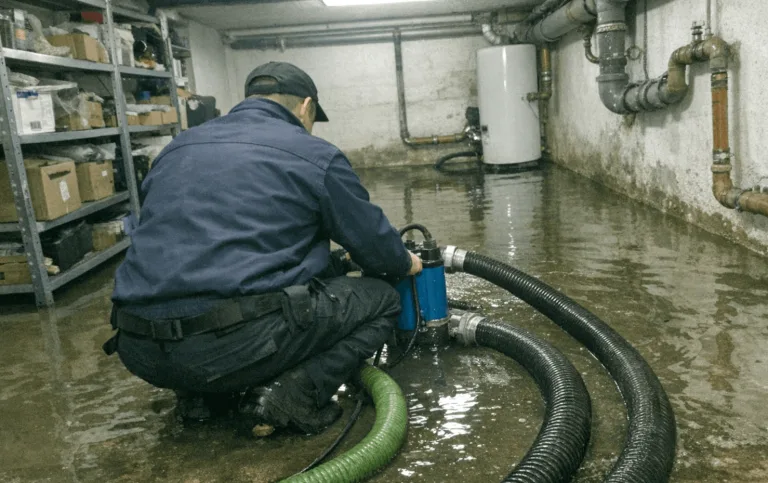 Pumpvorgang zur Unterstützung der Rohrreinigung in Köln, zeigt Fachkräfte bei der Arbeit.