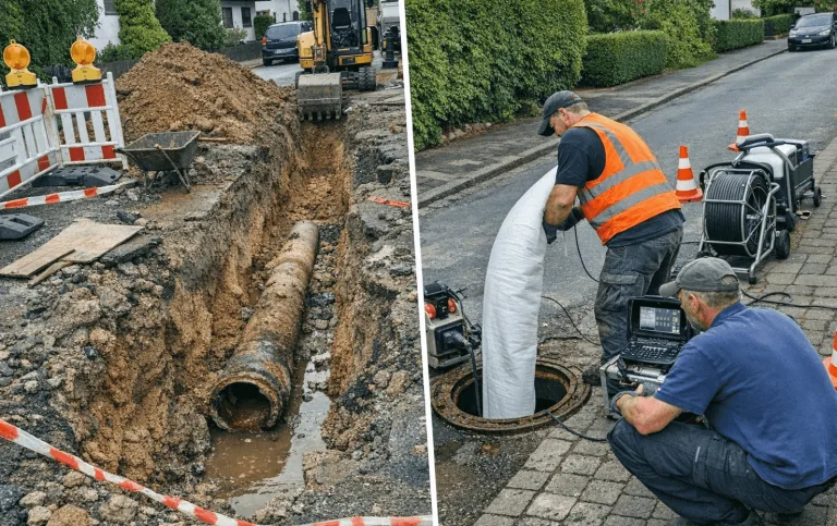Städtische Kanalsanierung in Freiburg mit Inliner-Gerät, Technikern und offenem Schachtdeckel.