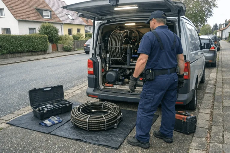 Professioneller Techniker bei der Rohrreinigung vor Ort in Baden-Württemberg mit Servicefahrzeug und Ausrüstung.
