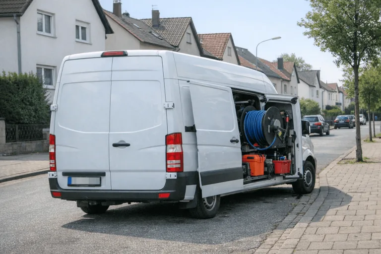 Sauberes Einsatzfahrzeug für Abflussreinigung vor einem Wohnhaus