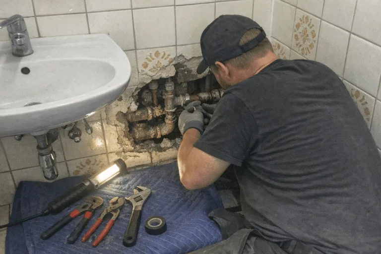 Techniker führt sorgfältige Rohrrenovierung im älteren Bad eines Altbaus durch.
