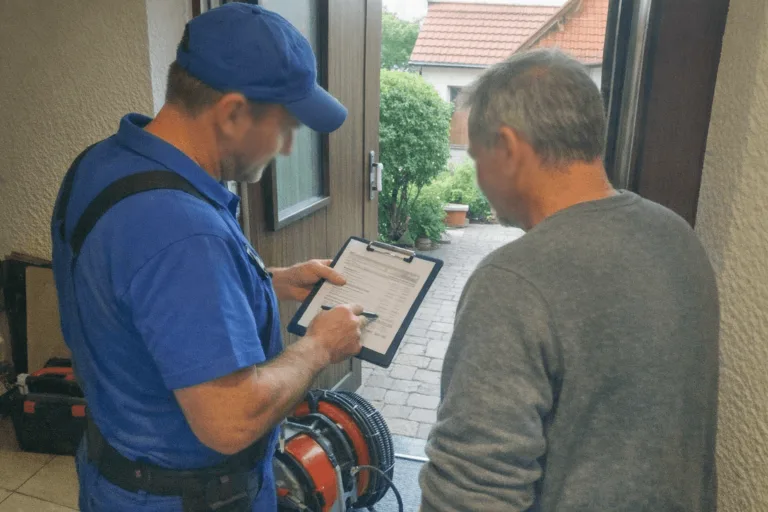 Techniker erklärt einem Kunden die Rohrreinigung und Kosten vor Ort