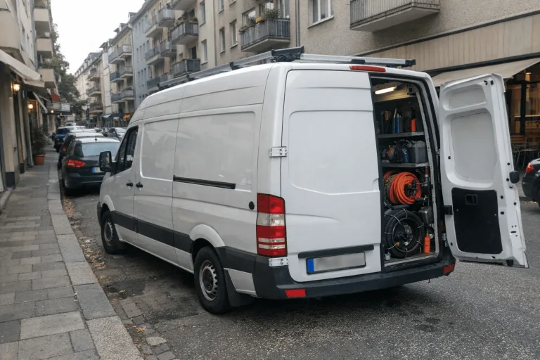 Ein Rohrreinigungsservice-Fahrzeug parkt auf einer typischen Stadtstraße in Frankfurt am Main.