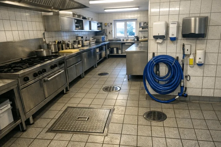 Saubere Gastronomieküche in Hannover mit Edelstahloberflächen und sichtbaren Abflüssen für Fettabscheider-Reinigung.