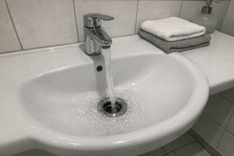 Sauberes Waschbecken nach professioneller Abflussreinigung, optimal freigespült.