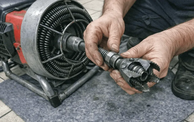 Nahaufnahme einer Reinigungsspirale mit Fräskopf bei einer elektromechanischen Rohrreinigung
