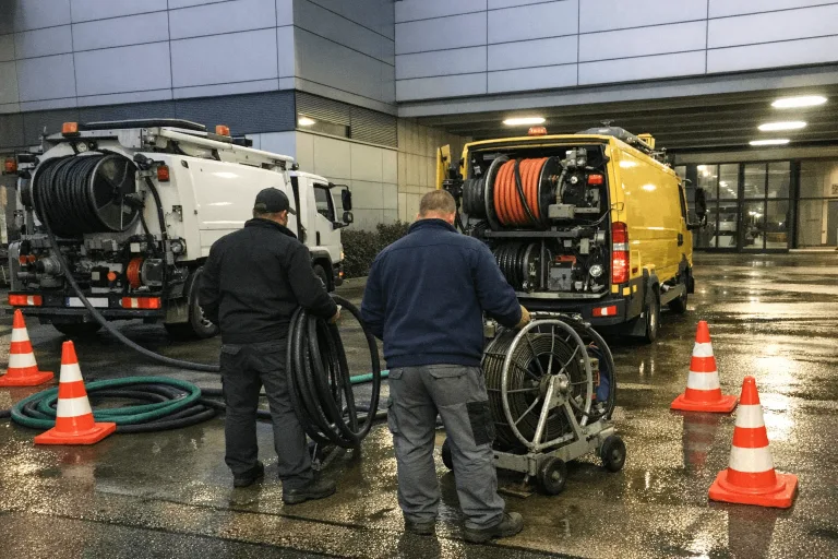Hochdruckspülfahrzeuge bei der industriellen und gewerblichen Rohrreinigung auf großem Gelände in Berlin