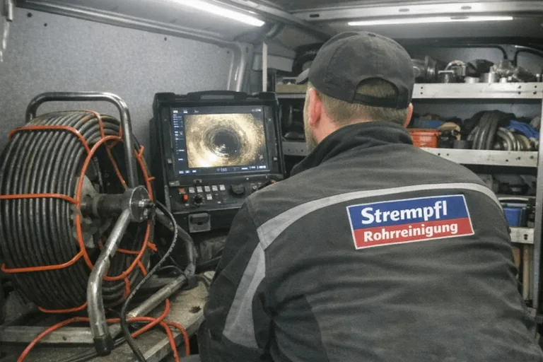Servicetechniker betrachtet Live-Monitor bei Kanalinspektion während einer Kameradiagnose.