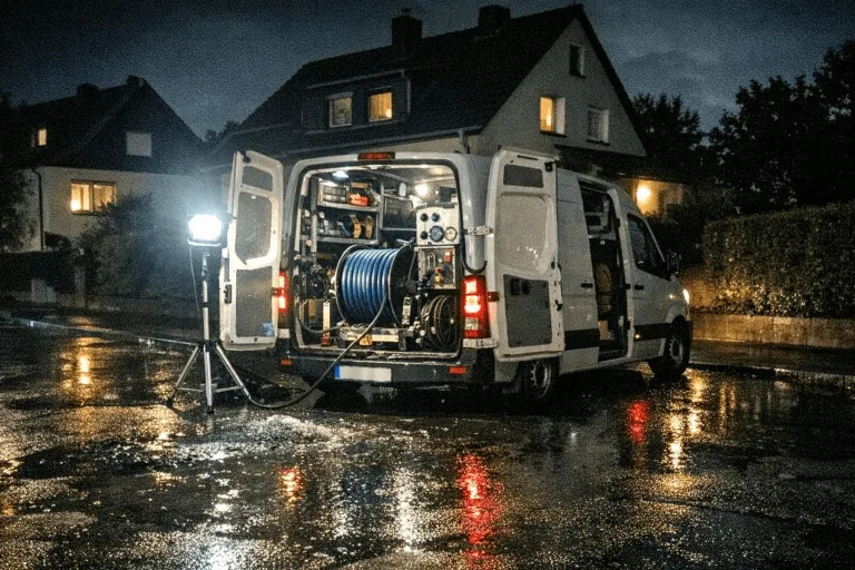 Einsatzfahrzeug eines Rohrreinigungs-Notdienstes nachts vor einem Wohnhaus