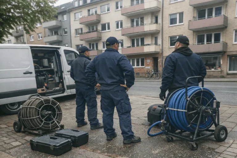 Professionelles Rohrreinigungsteam vor urbaner Kulisse in Hannover, einsatzbereit für lokale Servicearbeiten.
