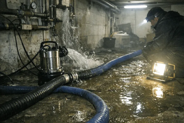 Leistungsstarke Tauchpumpe pumpt nachts Wasser aus dem Keller bei einem Notfall in Benzhausen.
